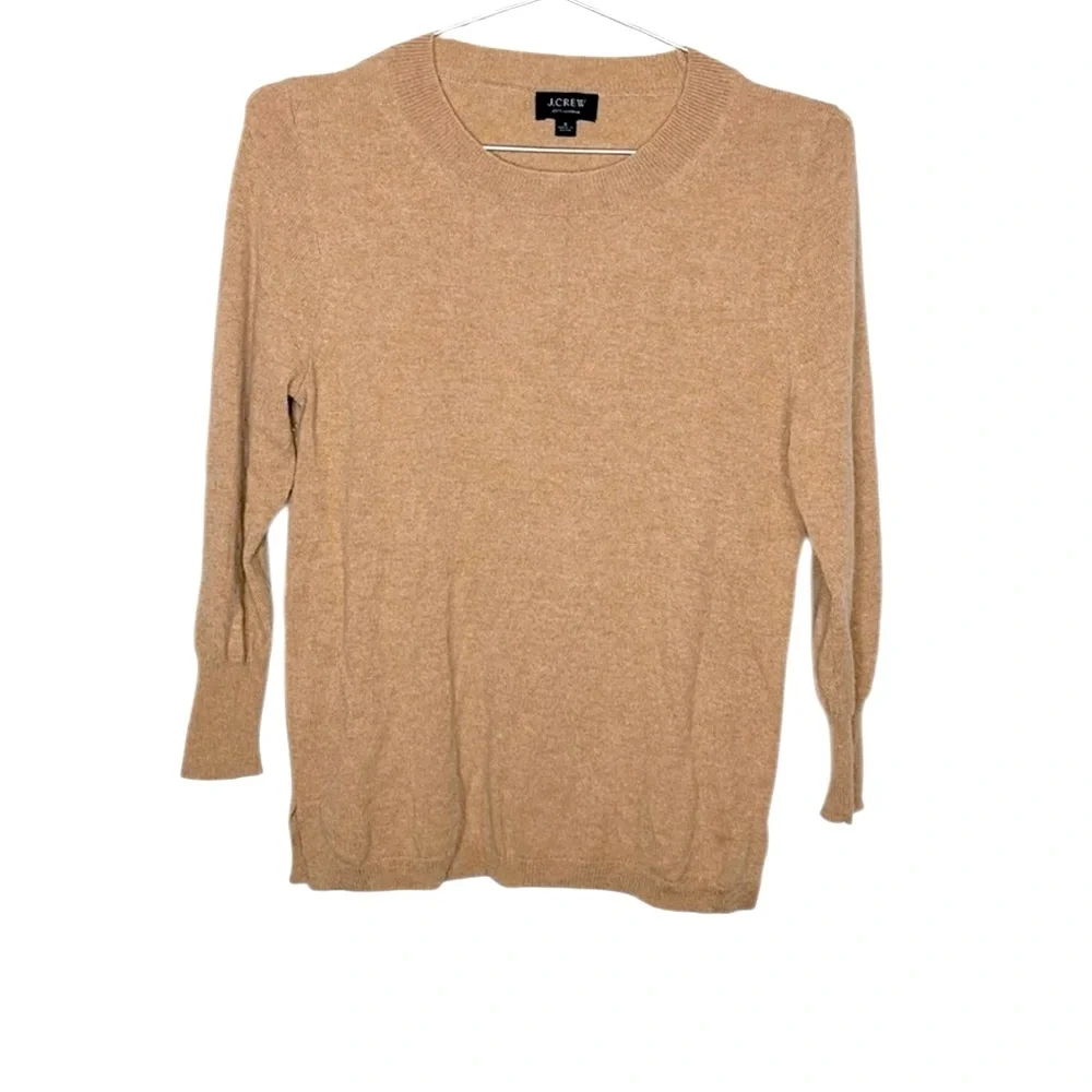 J. Crew 100% Cashmere Crewneck Sweater Heather Camel Tan 3/4 Sleeve Size S